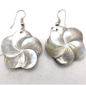 Beautiful Mother of Pearl Flower Shell Dangle Hook Earrings White Iridescent